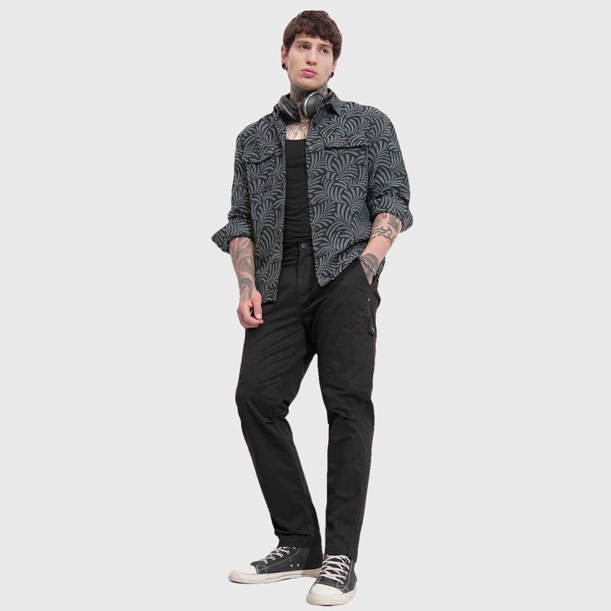 HIGHLANDER Men's Jacquard Textured Relaxed Overshirt | Grey and Black - M