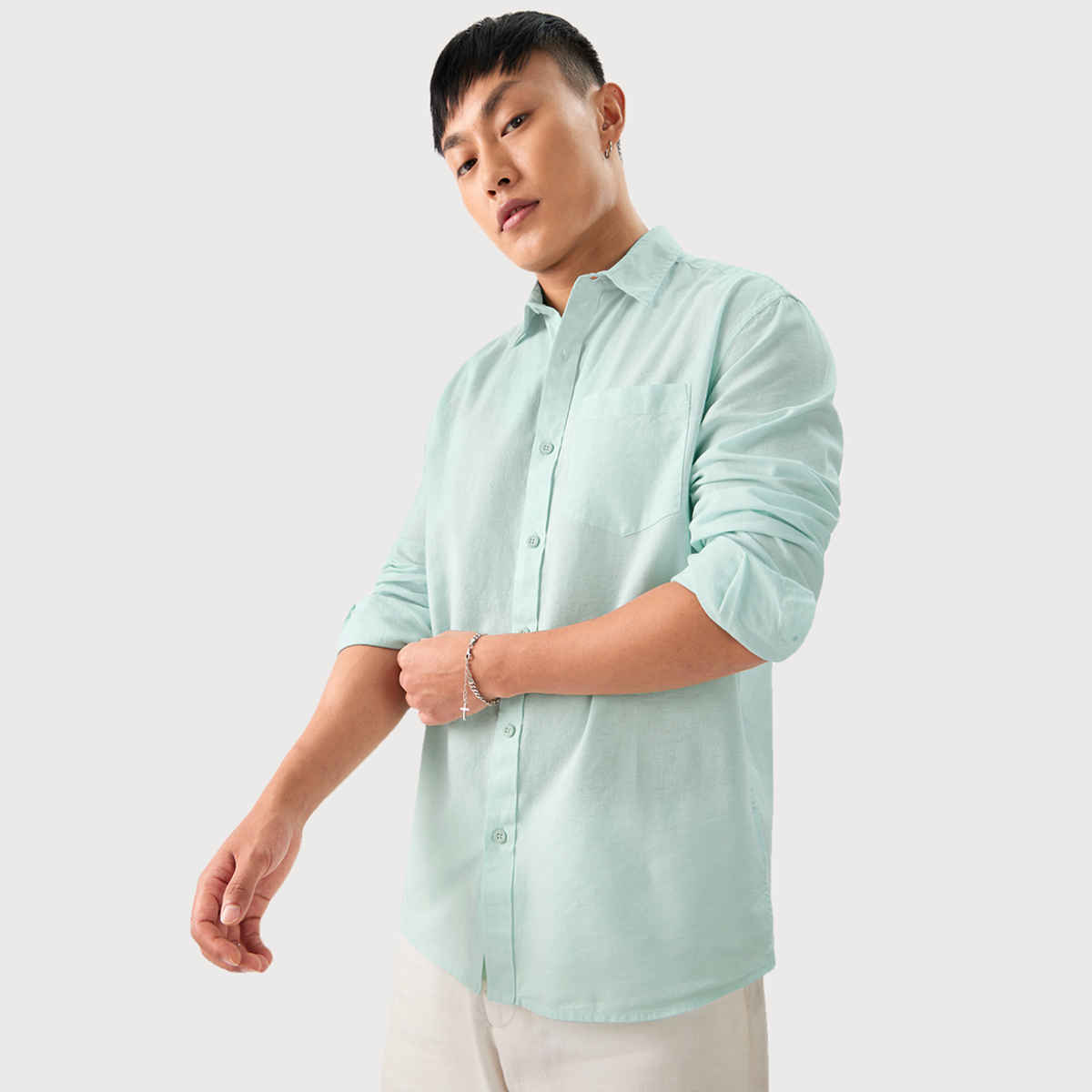 The Souled Store Men's Regular Cotton Linen- Ocean Blue Shirts | M