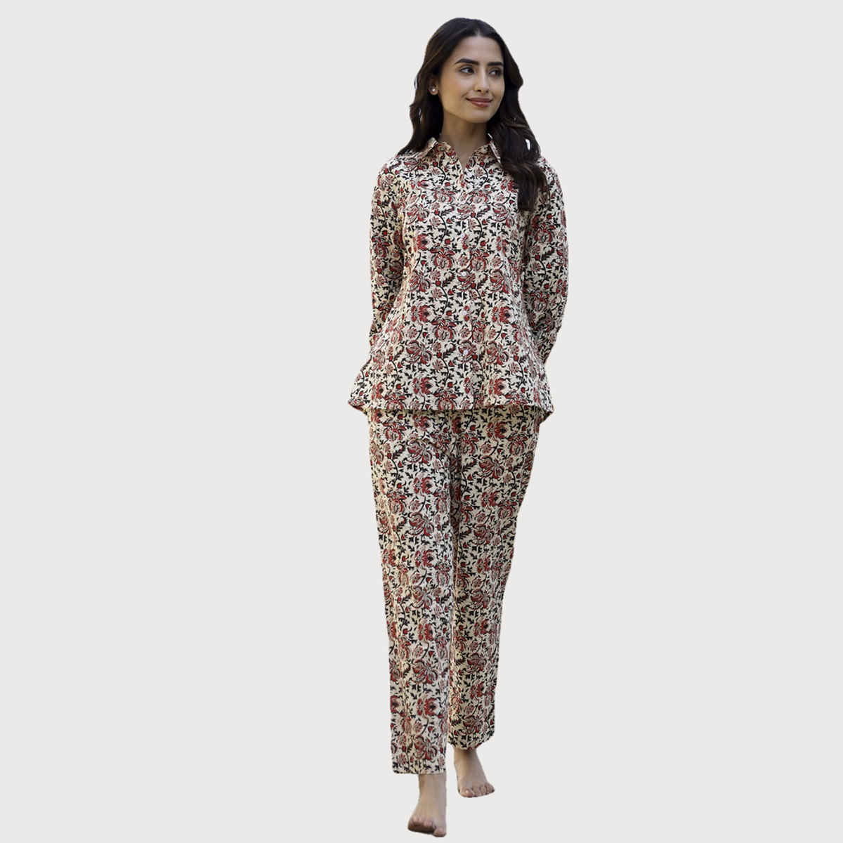 Sanskrutihomes Floral Printed Shirt Collar Pure Cotton Night Suit | Black - Red - White | S