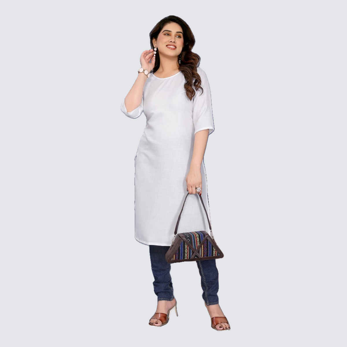 Riglozi White 3/4 Sleeves Cotton Made White Long Round Neck Regular wear Kurti for Women | XXL