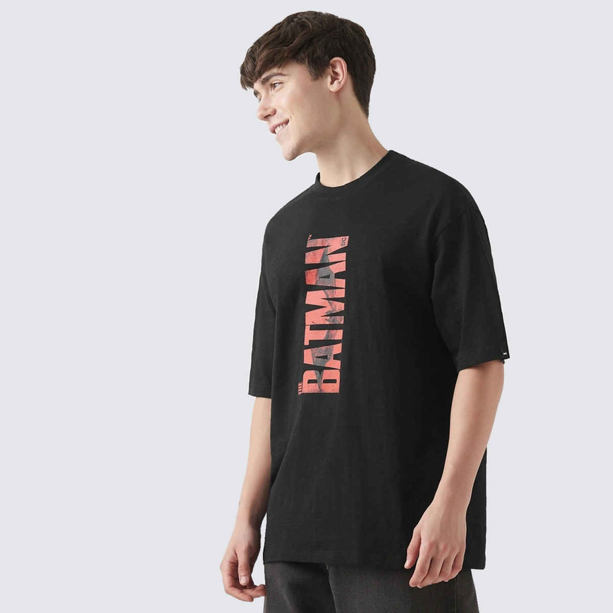 Bewakoof Men's Air 1.0 Official DC Batman Logo Graphic Printed Oversized T-shirt | Black - S