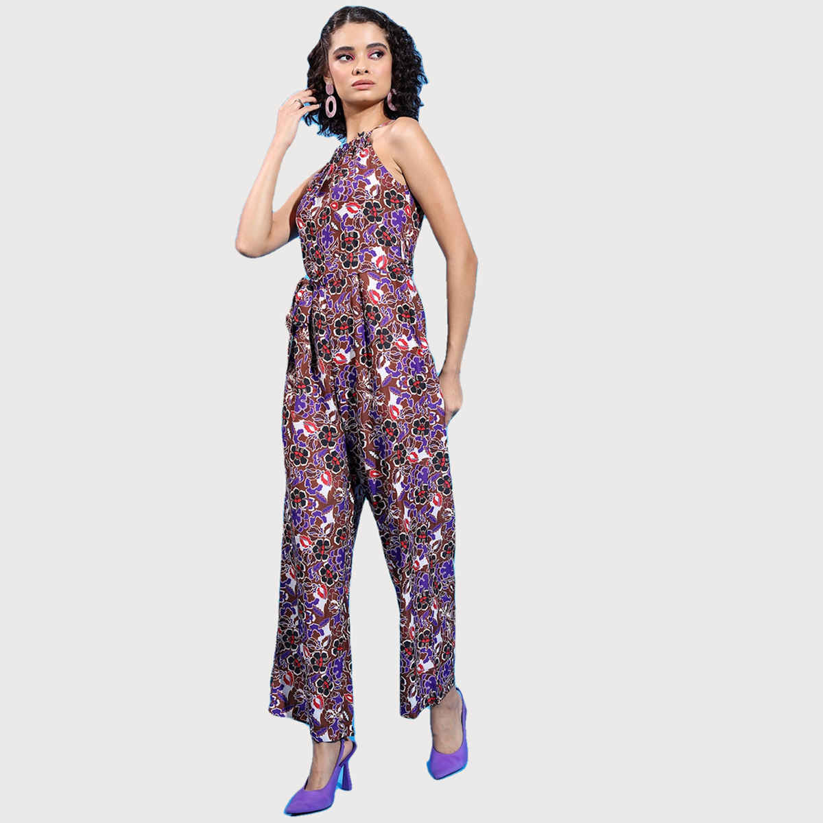 Ketch Women's Floral Printed Halter Neck Basic Jumpsuit | Multicolor - L