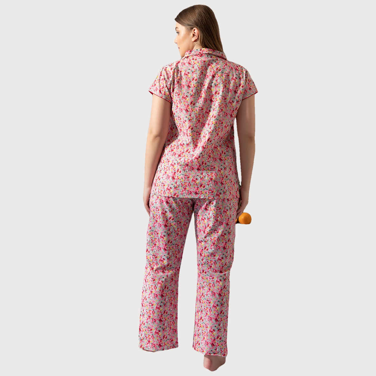 Clovia Print Me Pretty Button Down Shirt & Pyjama Set - Cotton Rich | Pink | L