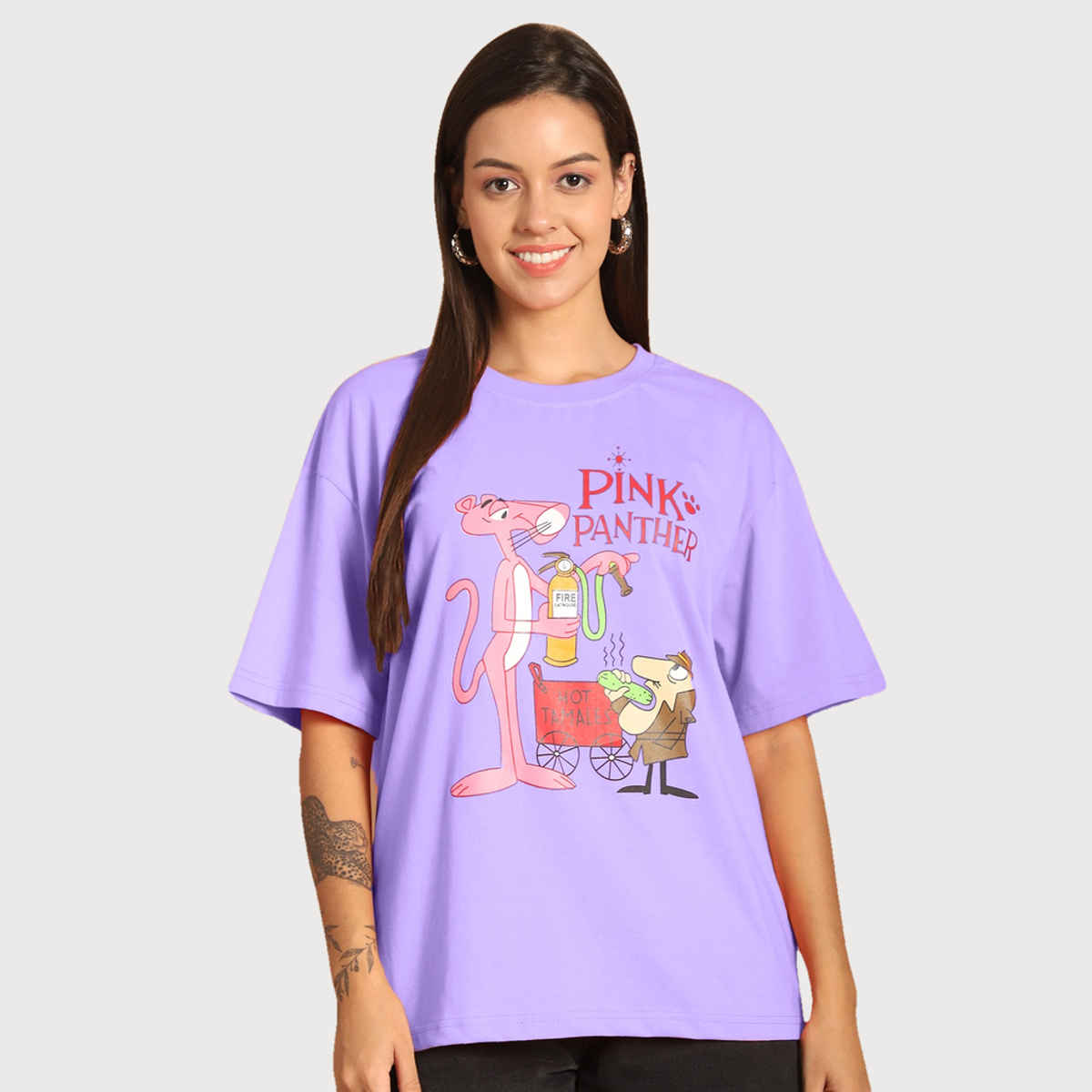 Fabflee Women Oversize Cotton Printed Round Neck Tshirt | Purple | FAB-OS-511 | S