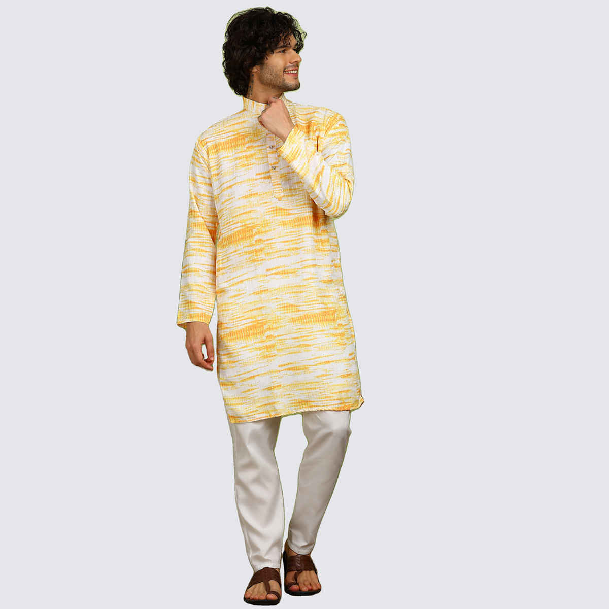 Allan Peter Men's Printed Long Kurta | Yelow - M