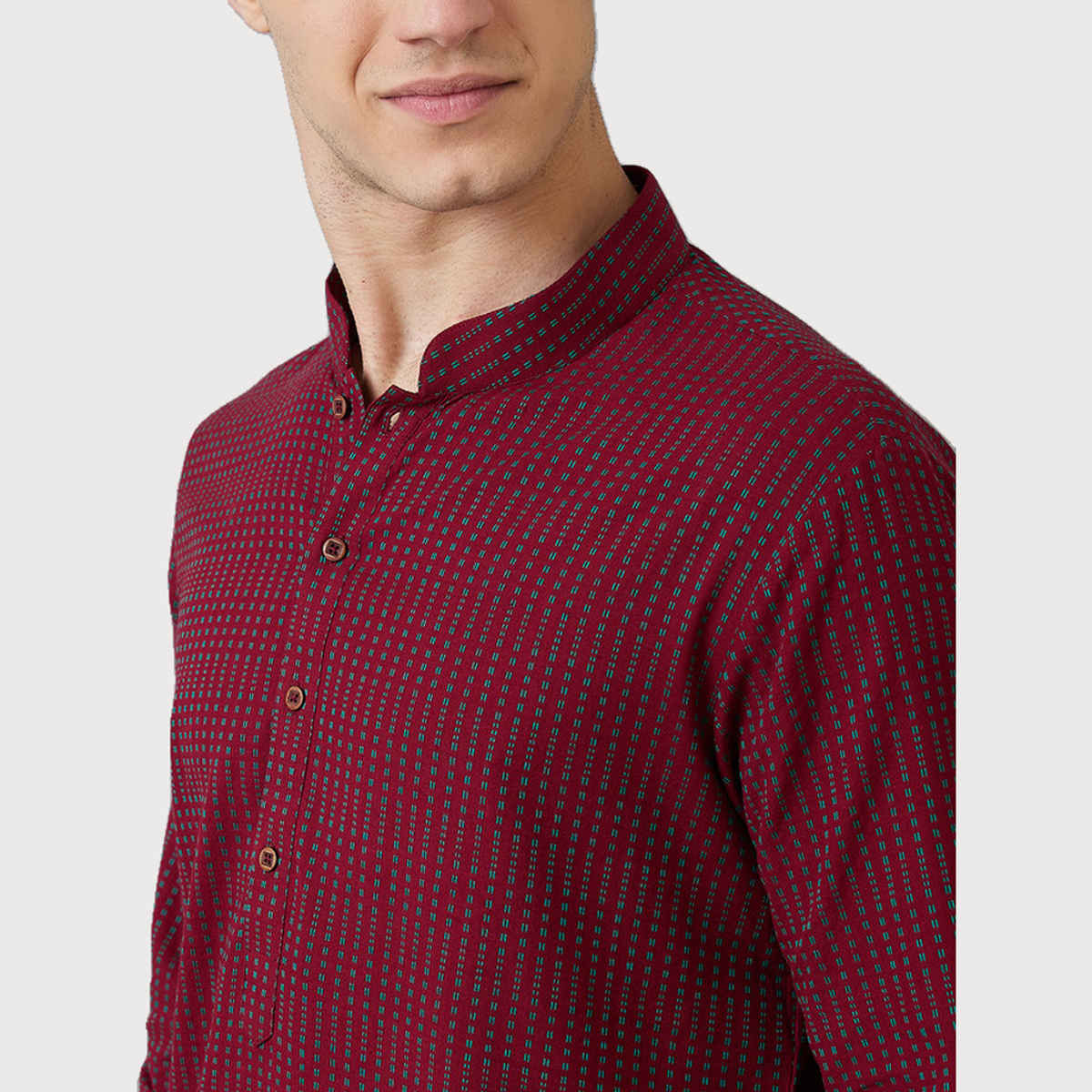Ethnix by Raymond Men's Fit Pure Cotton Full Sleeve Folded Collar Short Kurta | Dark Maroon - M