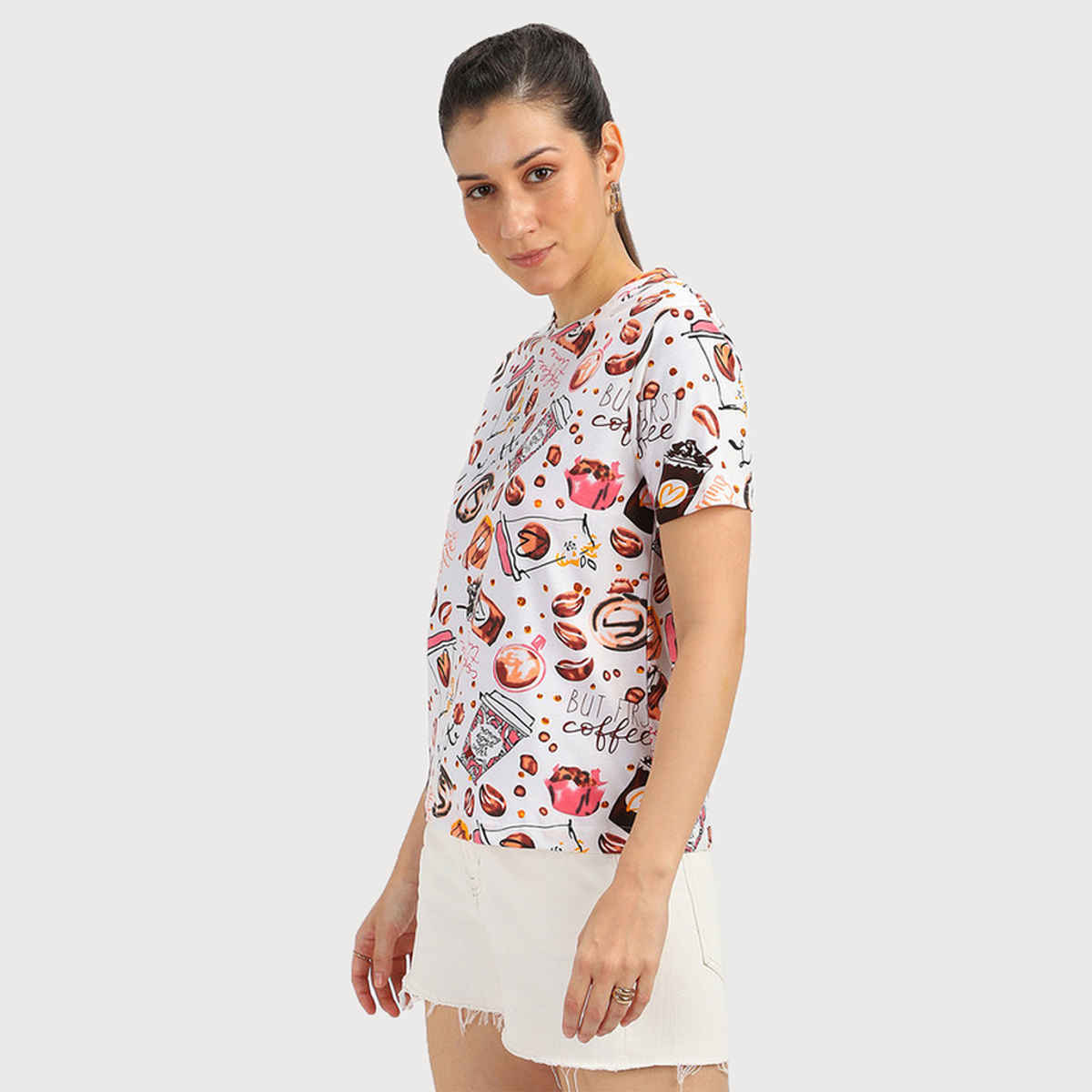 Juneberry White All over Printed Regular Fit T-shirt for Women - S