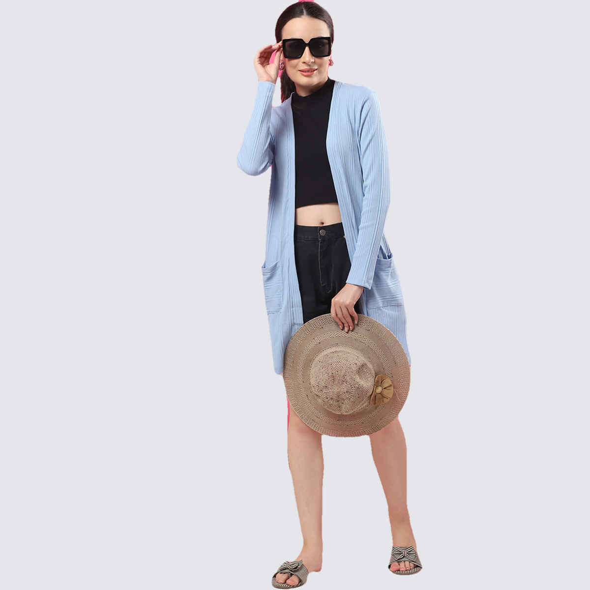 Rigo Women Front Open Long Rib Shrug | Light Blue - Free Size