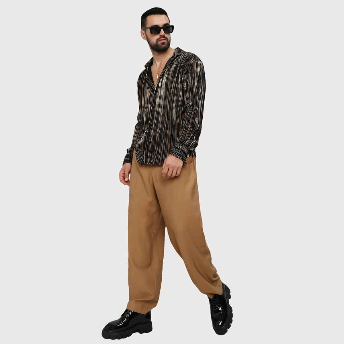 Campus Sutra Men's Pleat - Creased Shirt | Jet Black & Metallic Gold - S