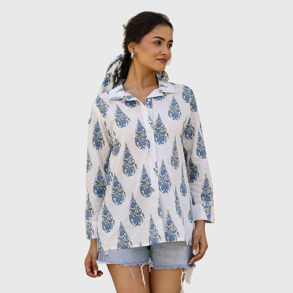 Sanskrutihomes Women's Floral Printed Casual Shirt | White | L