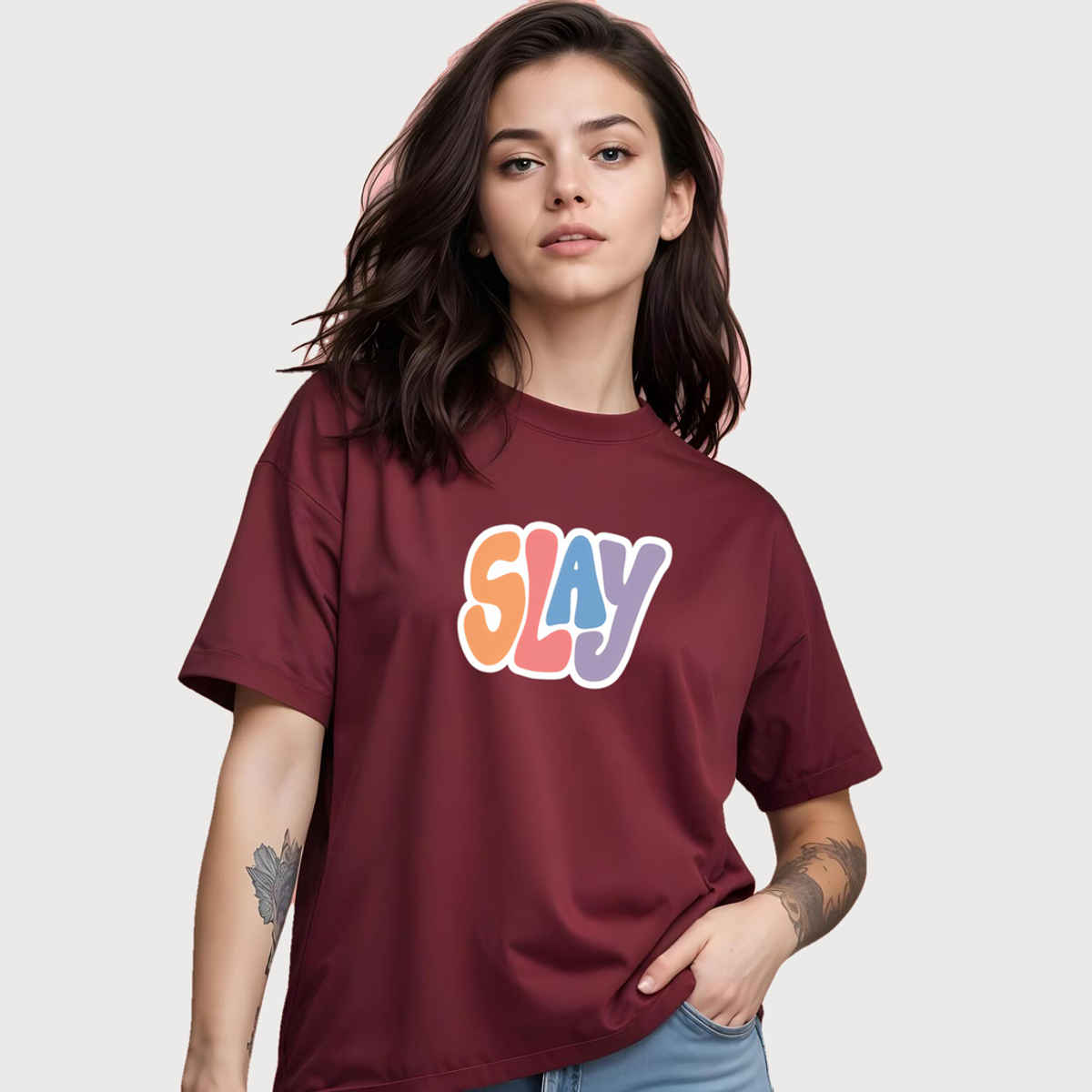 Smartees Womens Oversize Printed T-shirt | WW - 2040 | Maroon | S