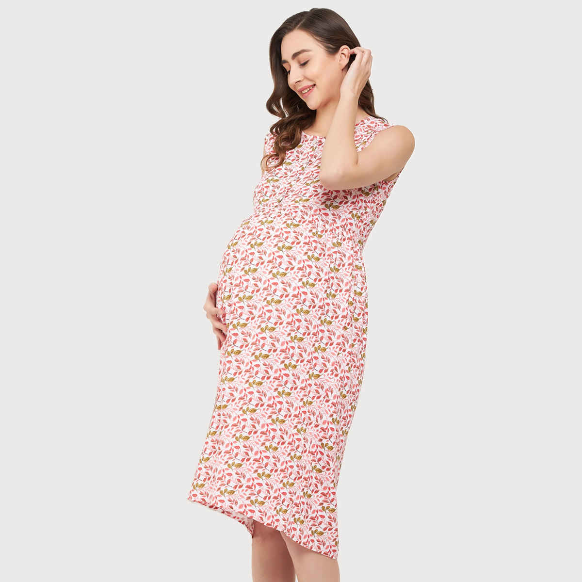 Clovia Maternity Leaf Print Sleep Dress - Rayon(White - S)