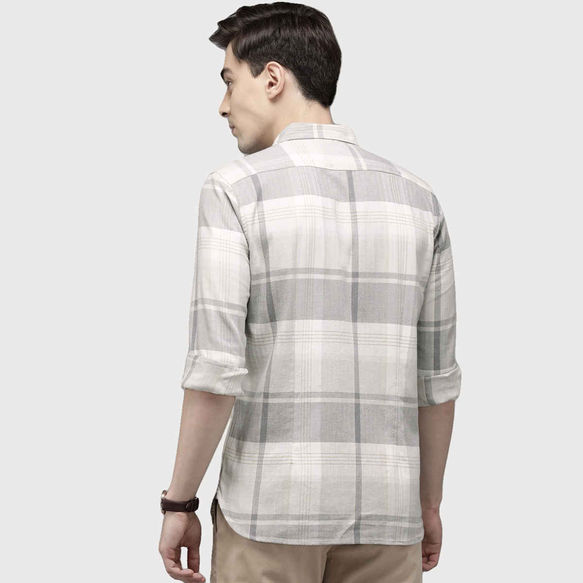 The Bear House Men Slim Cream & Grey Checked Shirt Style-Amber Color -Cream Size - S