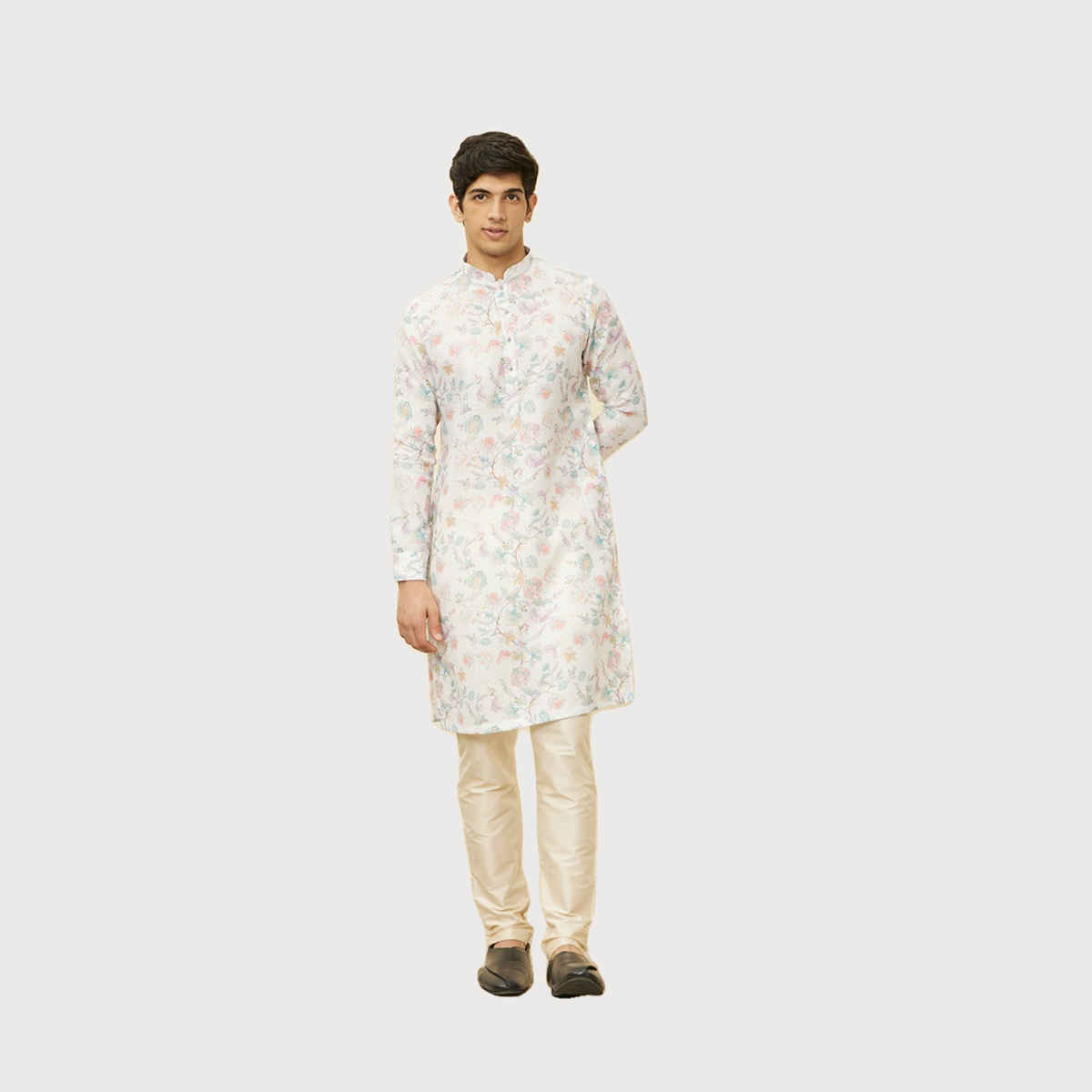 Manyavar Cream Blended Cotton Printed Kurta | XL