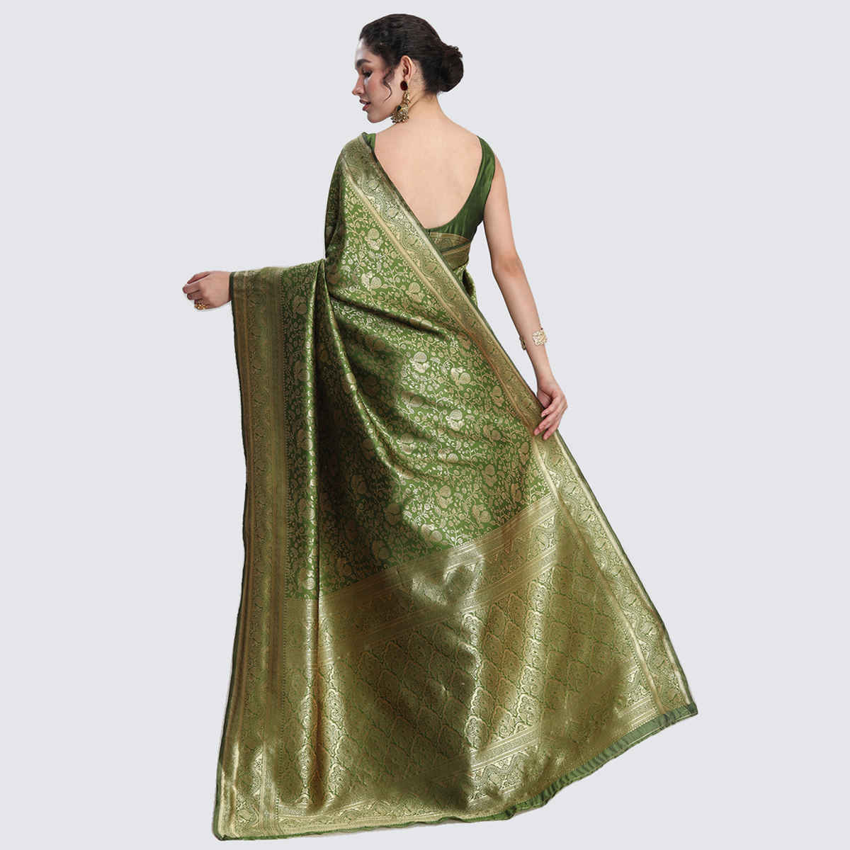 Janasya Women's Silk Blend Floral Woven Design Jacquard Saree with Blouse Piece | SAR656 | Green