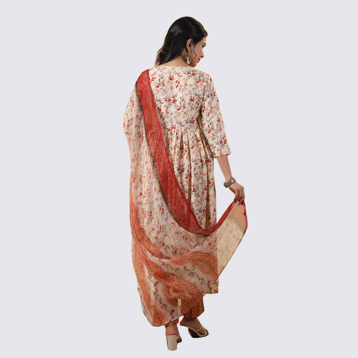 Janasya Women's Rayon Floral Printed A-line Kurta Set | Cream - XXL