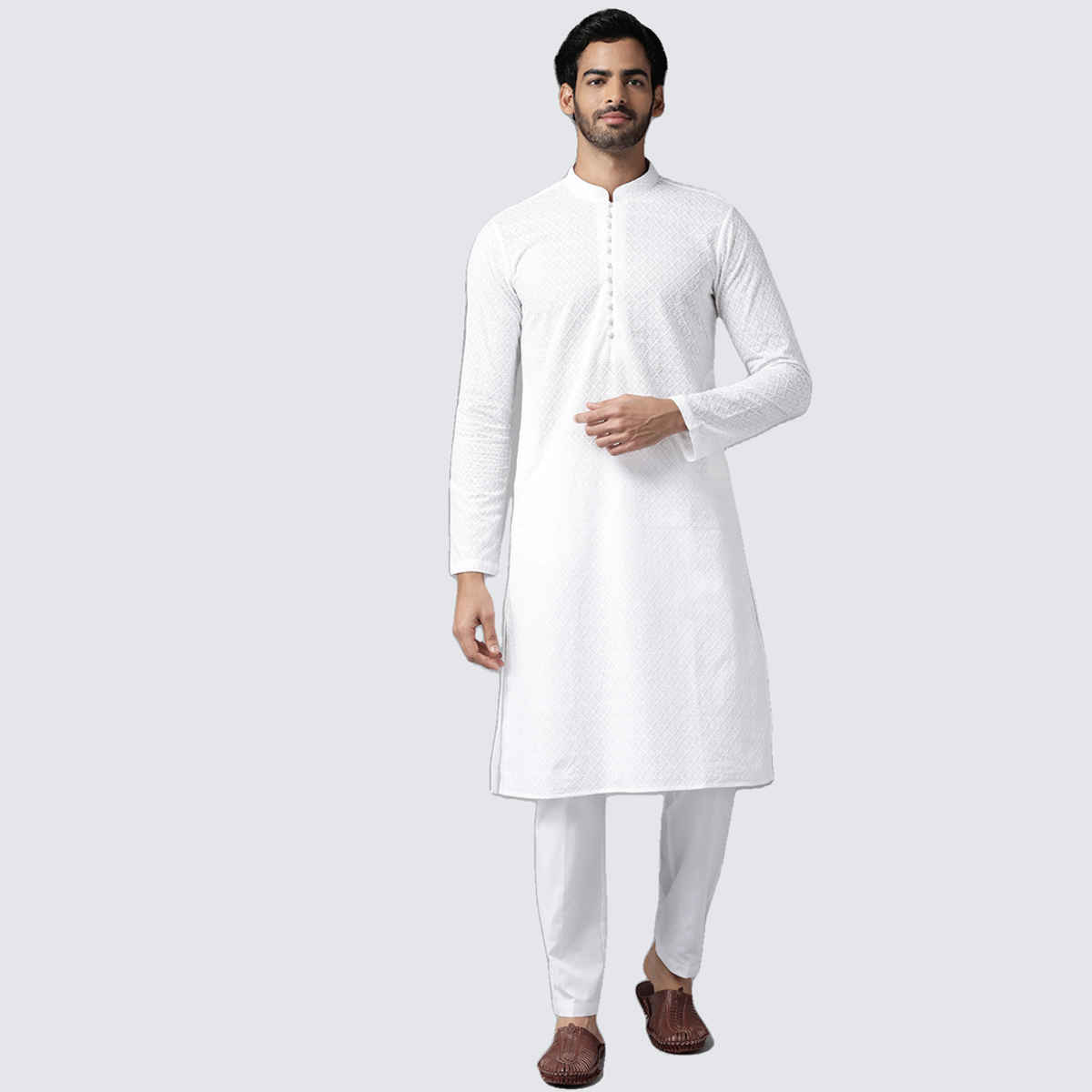 See Designs Men's Chikankari Embroidered Straight Kurta | White - M