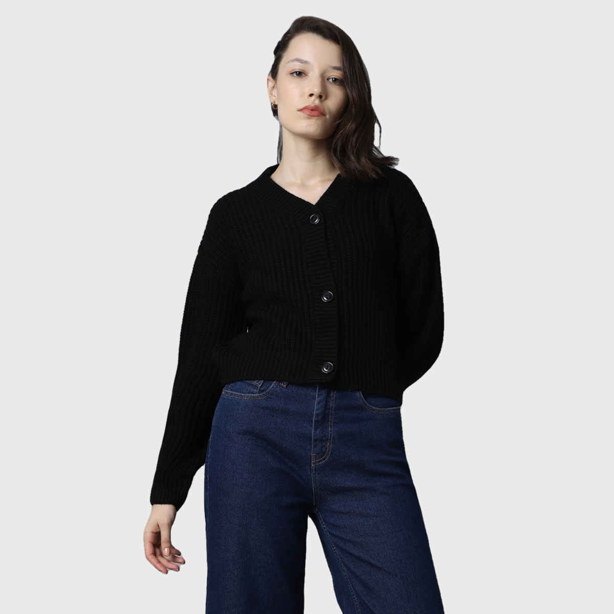High Star Women's Ribbed Acrylic Cardigan | Black - S