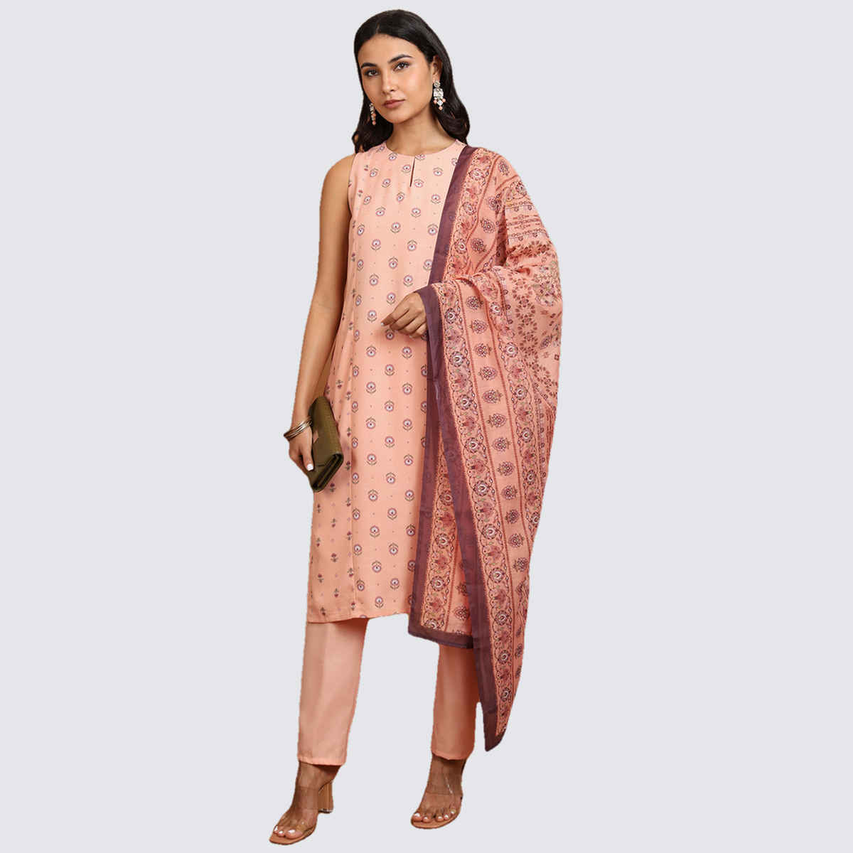 KETCH Women's Ethnic Motifs Printed Straight Kurta, Pyjamas with Dupatta | Peach - L