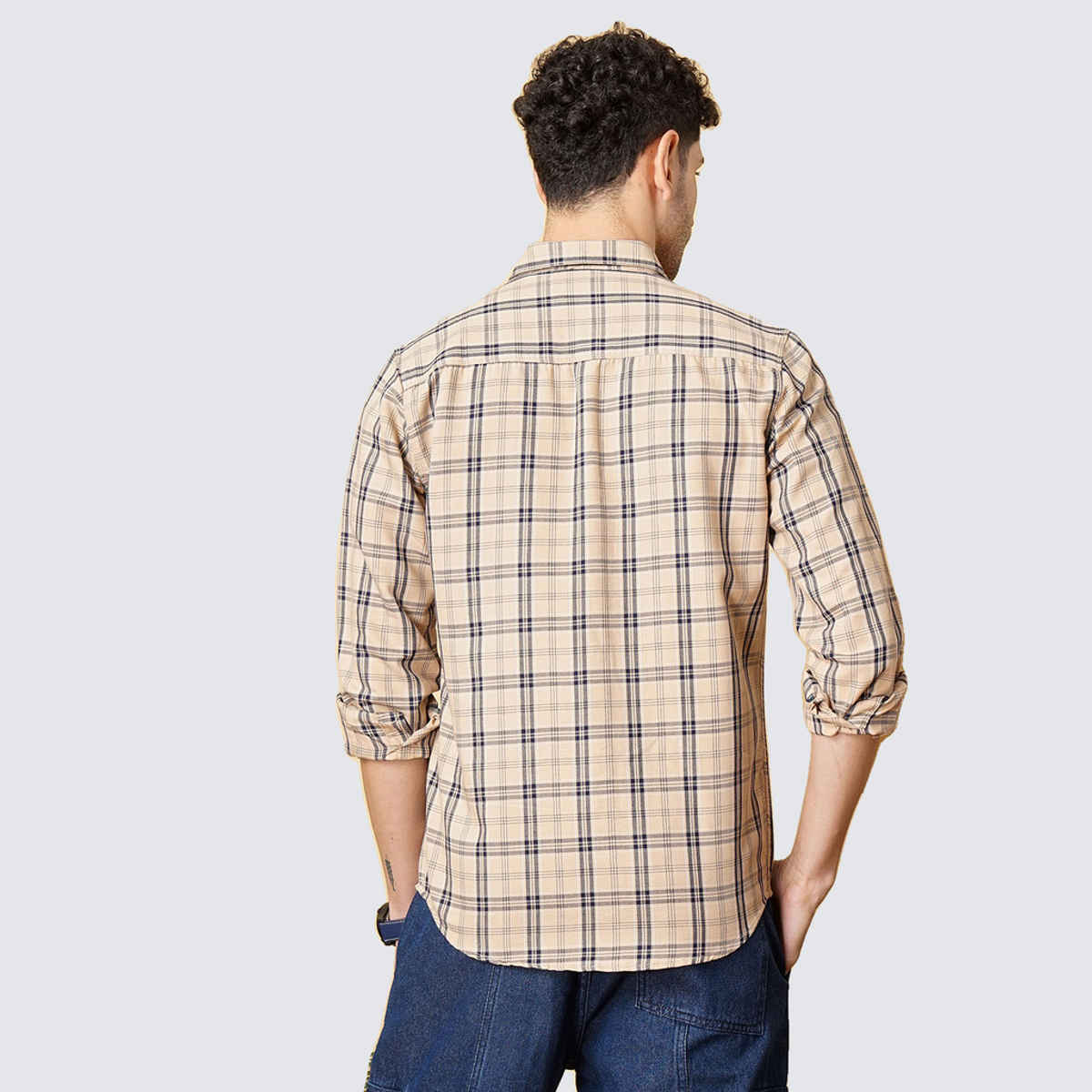 The Indian Garage Co Men's Slim Fit Checked Casual Shirt | Beige - XL