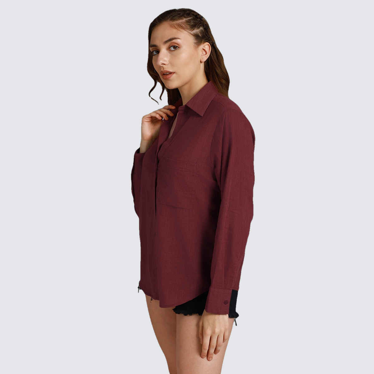 High Star Women's Spread Collar Long Sleeves Cotton Casual Shirt | Maroon - S