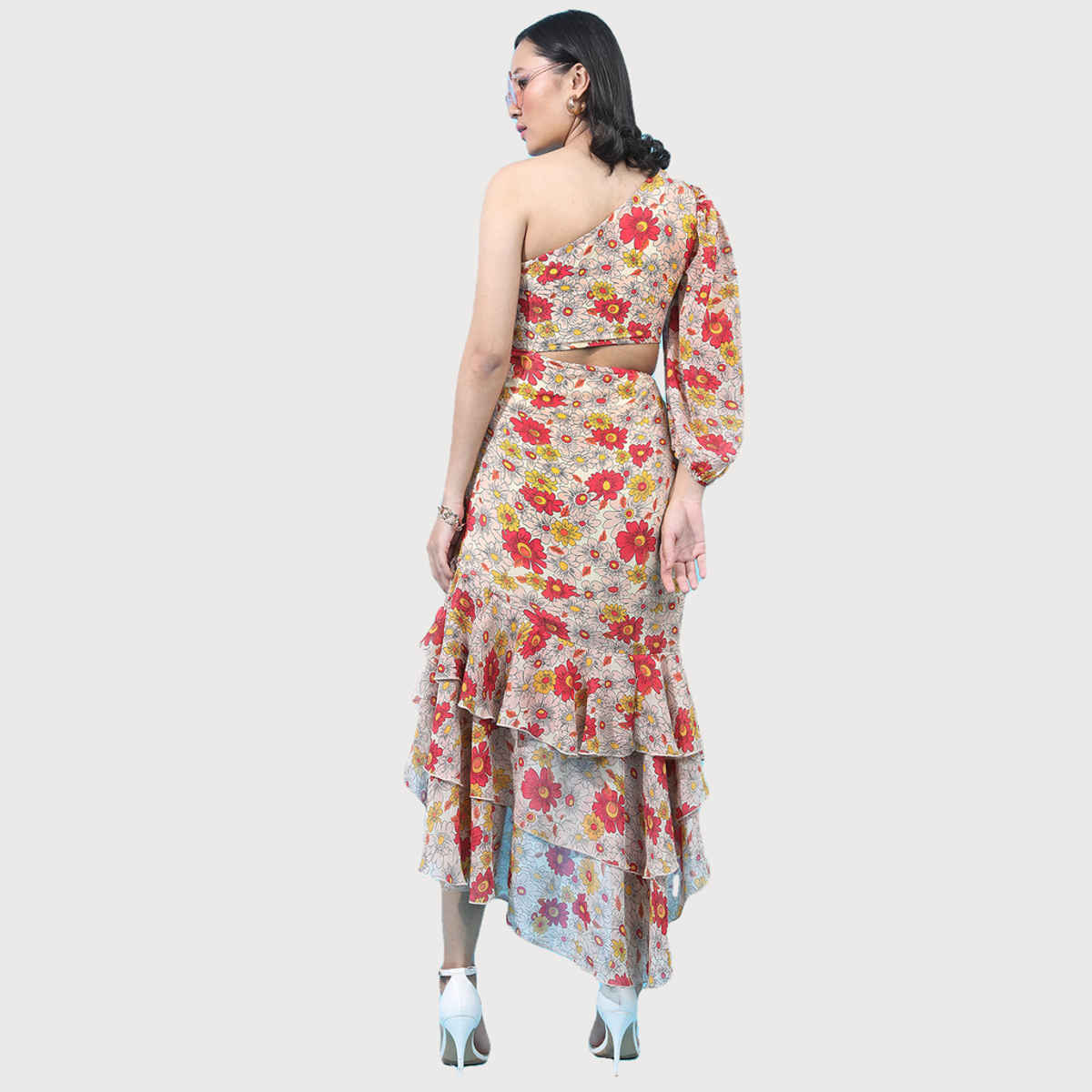 Tokyo Talkies Women's Floral Printed One Shoulder Sheath Dress with Puff Sleeve | Red - L