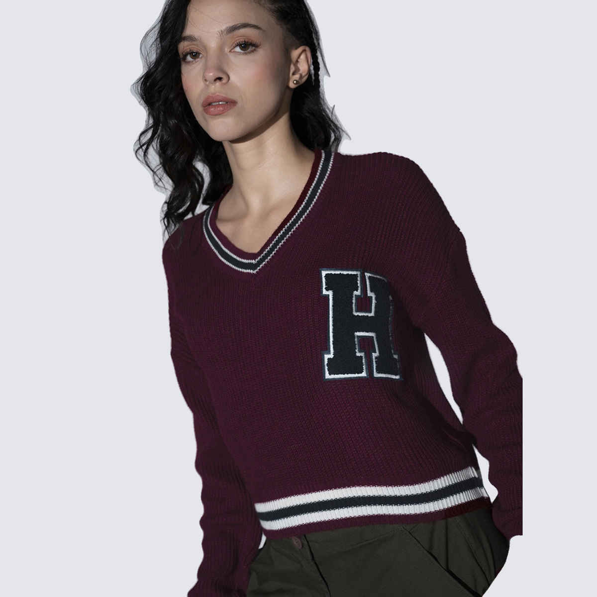 Hubberholme Women's V-Neck Self Design Typography Acrylic Pullover | Maroon - M
