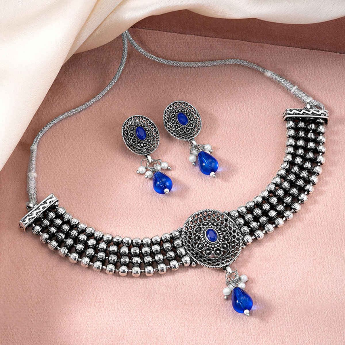 Peora Silver Plated Rhodium Studded Necklace Drop Earrings Set | White & Blue | PF04NK10328RWB