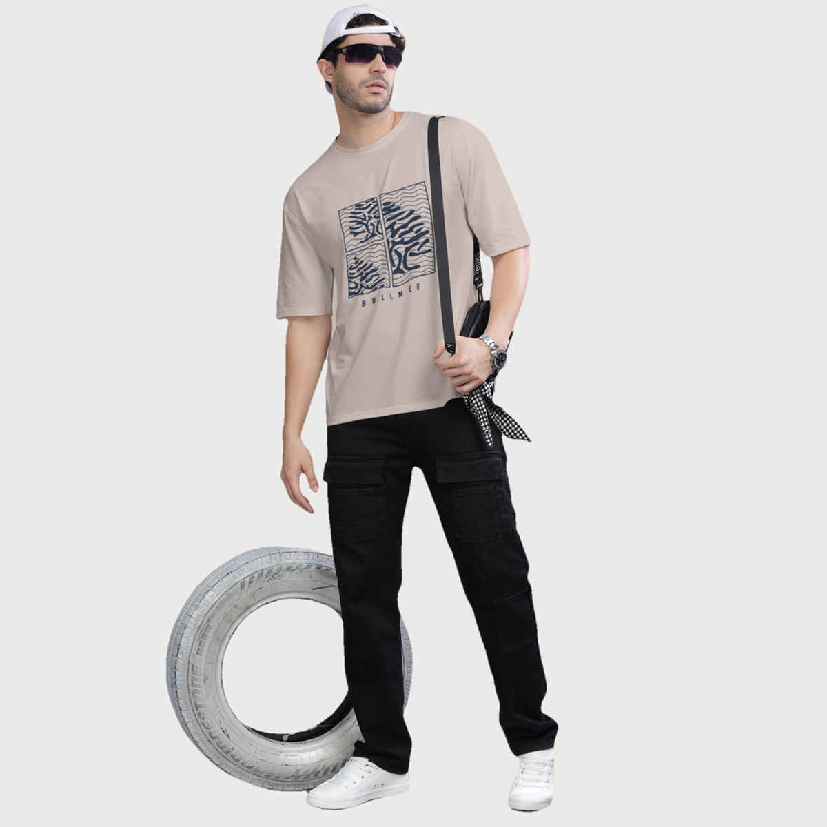 Bullmer Men's Oversized T-shirt Front Printed | Beige | M