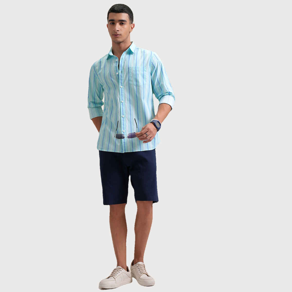 Highlander Men's Classic Slim Fit Vertical Striped Spread Collar Cotton Shirt | Aqua, White & Blue-M
