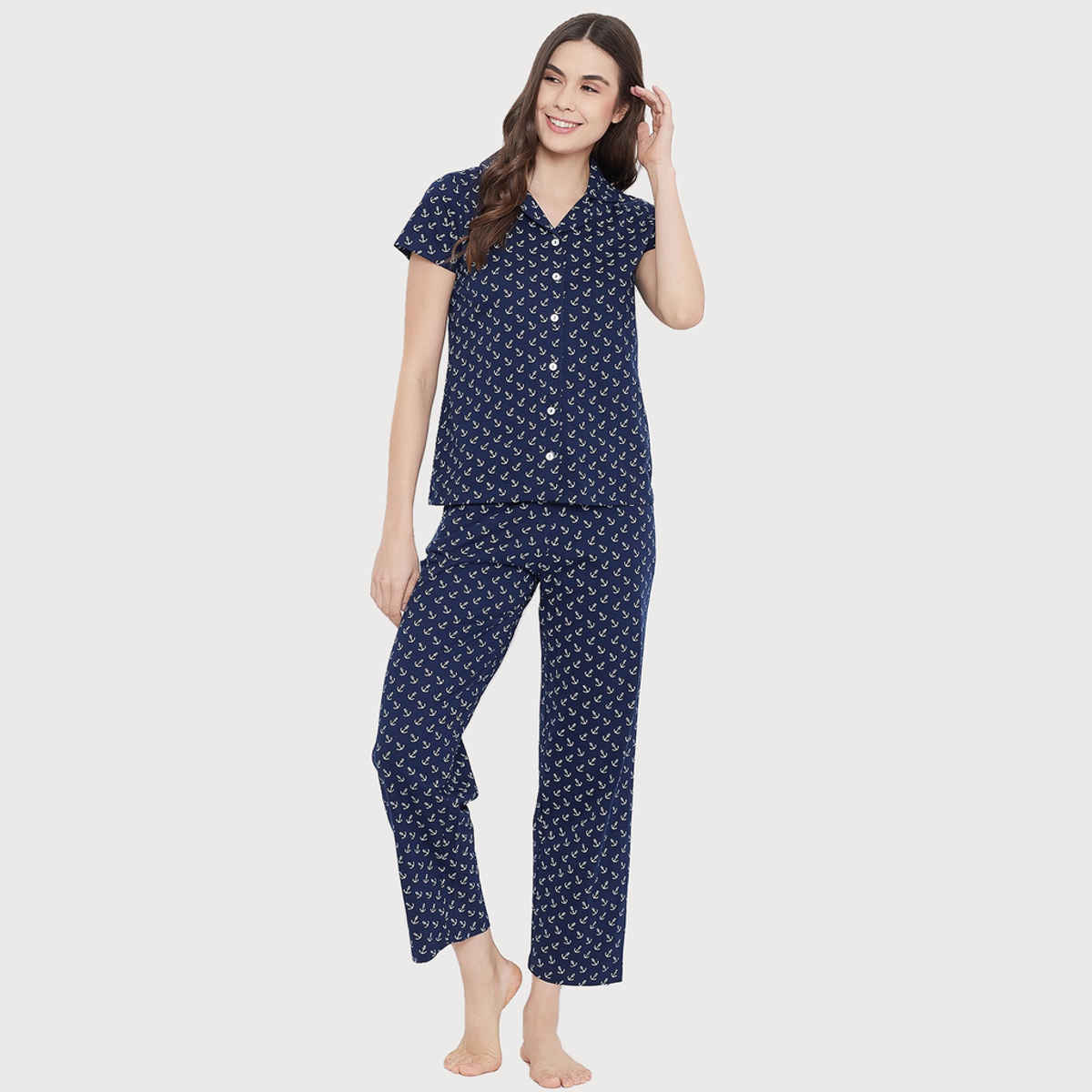 Clovia Button Down Anchor Print Shirt & Pyjama Nightsuit Set | Cotton | Blue | M