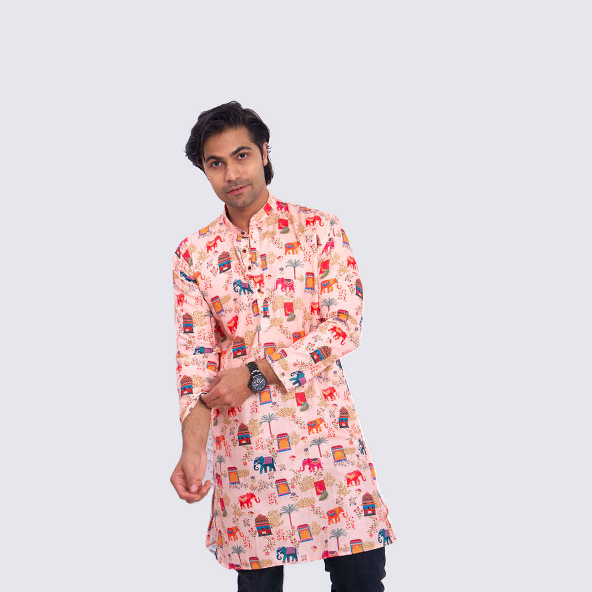 House Of Festivals Men's Printed Cotton Blend Ethnic Design Long Kurta | Multicolor - S