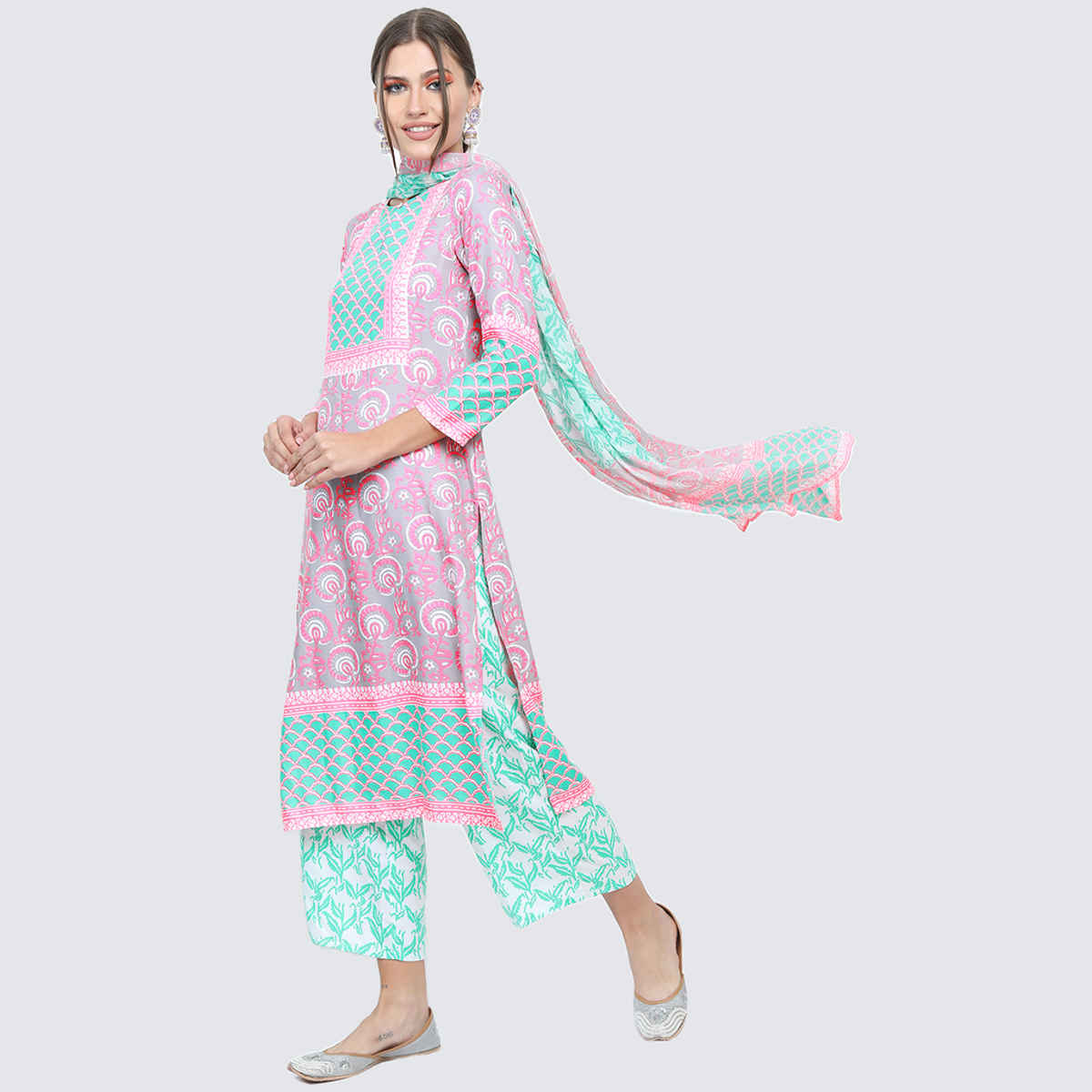 Vishudh Women's Floral Printed Straight Kurti With Trousers & With Dupatta | VNK3003117 | Grey - XL