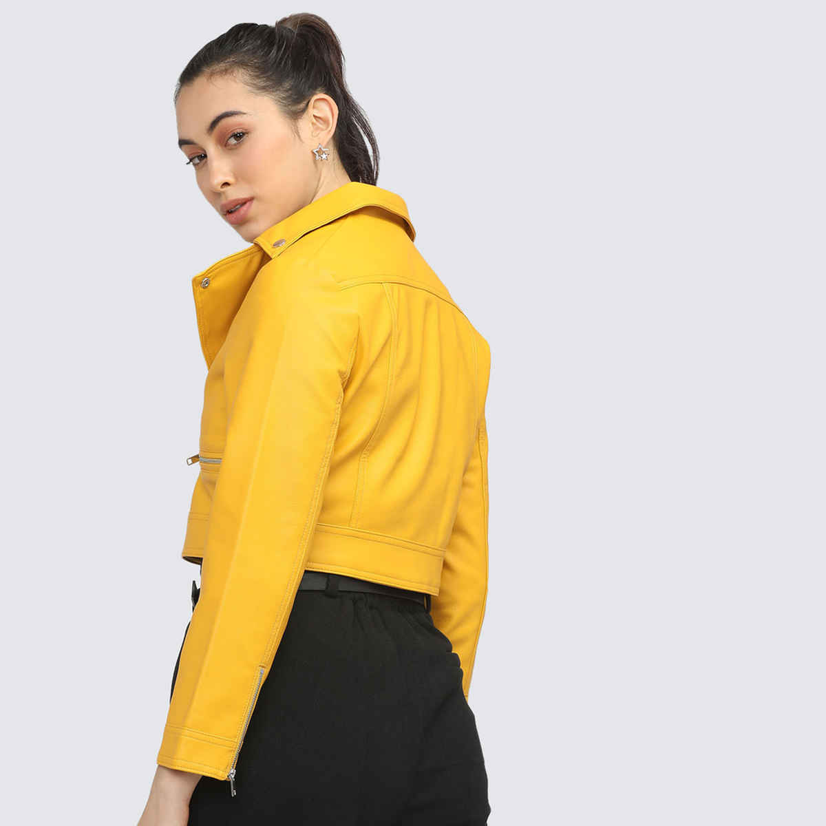 Tokyo Talkies Women's Crop Biker Jacket | Mustard - L