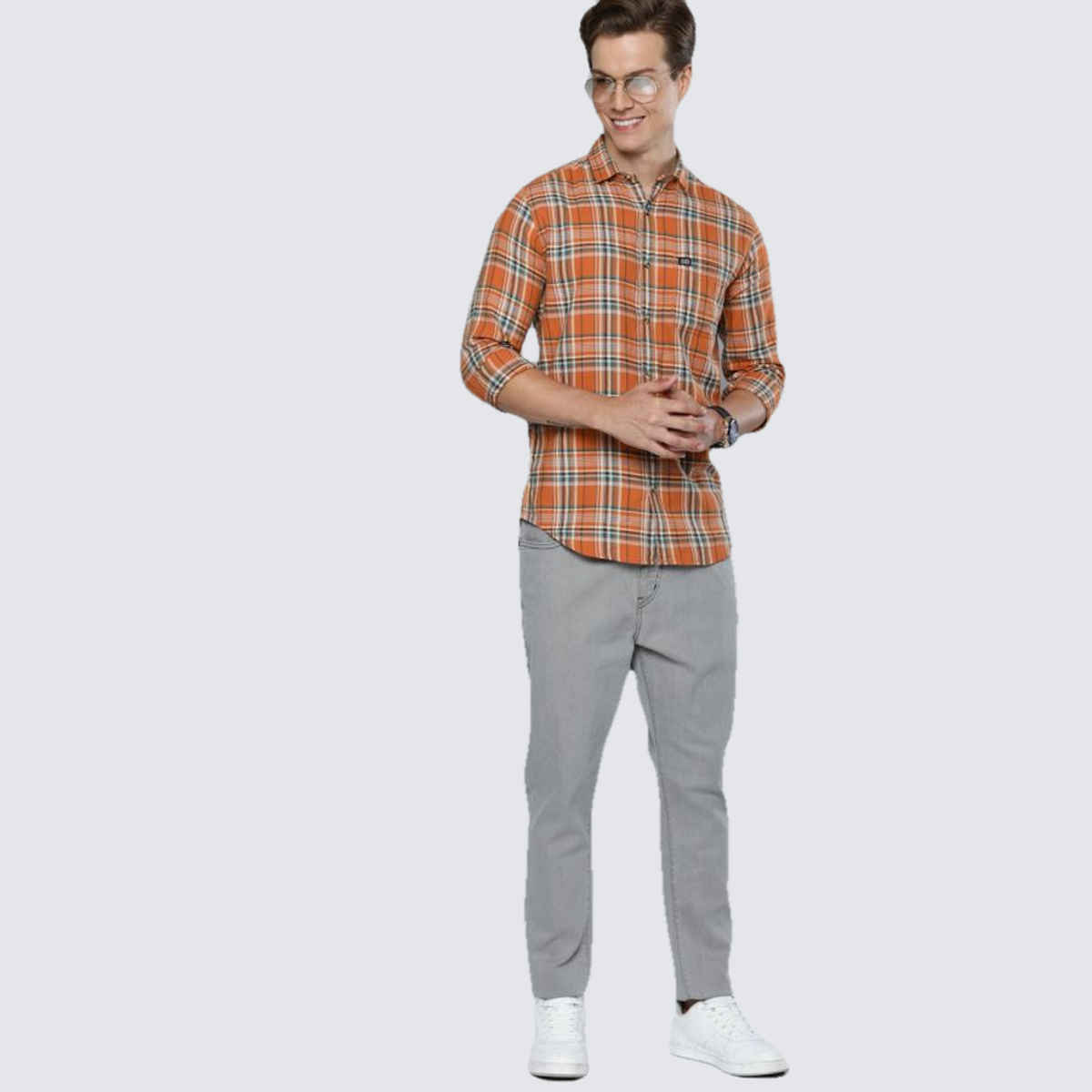 The Indian Garage Co Men's Slim Fit Checked Casual | Orange | S