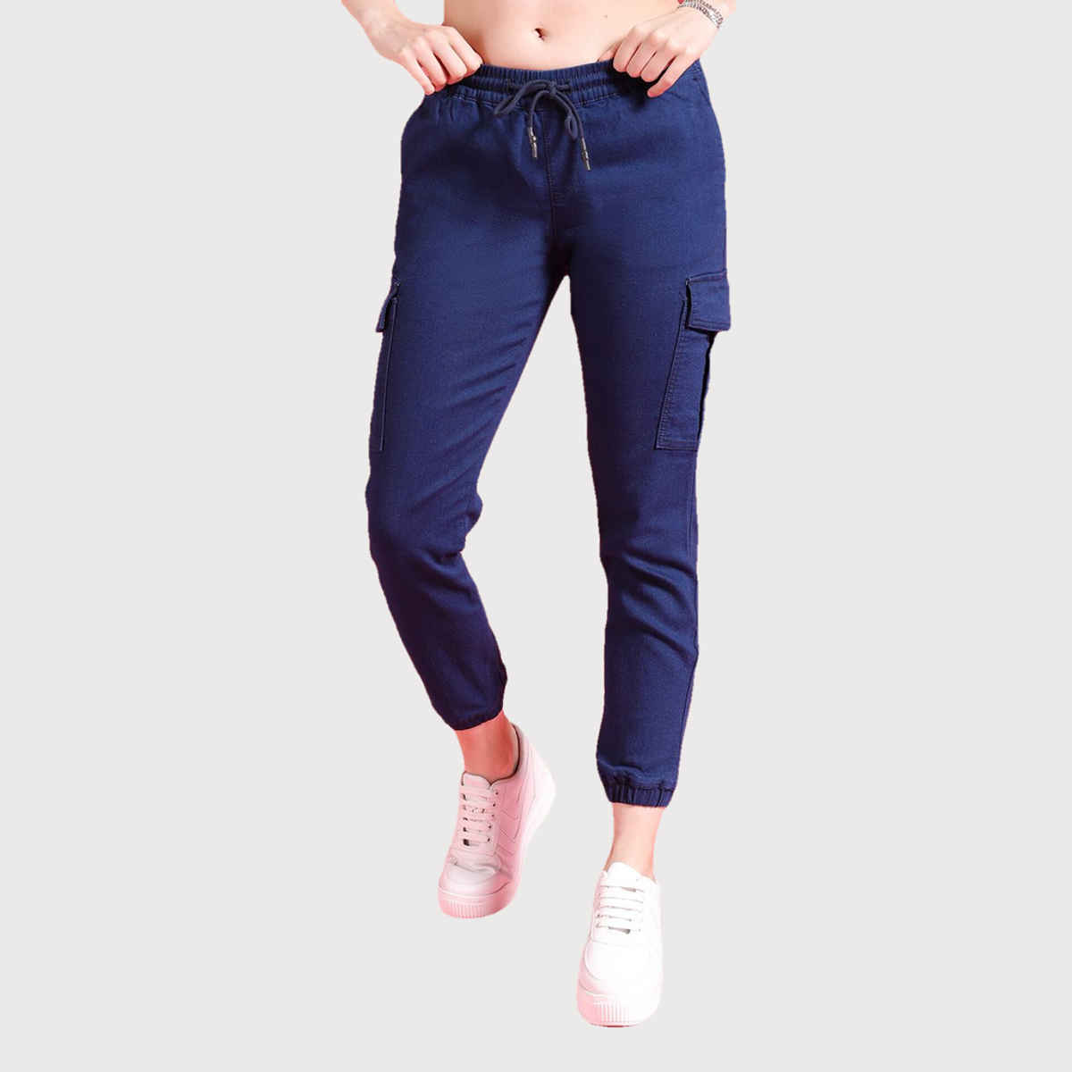 Freehand Women's Mid-Rise Dark Washed Joggers With Elasticated Drawstring At Waist | Blue - 30