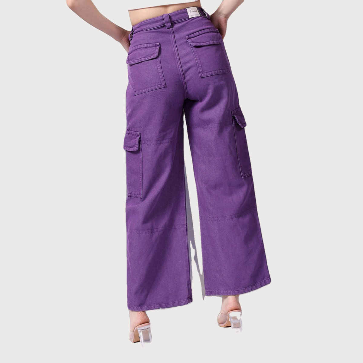 Freehand Women's Overdyed Baggy Cargo Denim With Flap Pocket Jeans | Purple - 28