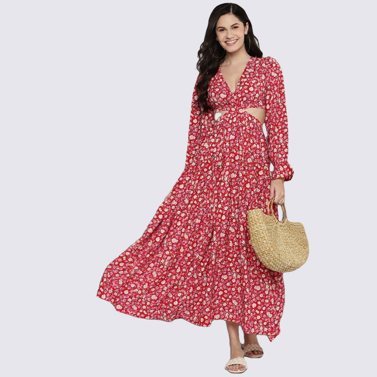 SASSAFRAS Women's Ditsy Floral Waist Cut-Out Maxi Dress | Red - L