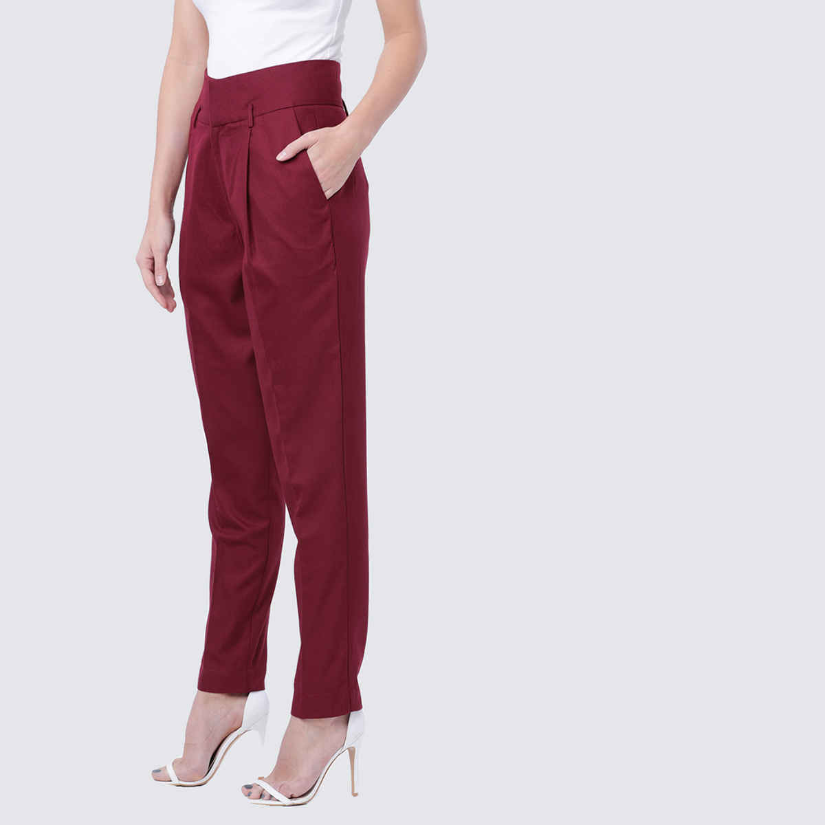Tokyo Talkies Women's Highwaist Slim Trouser| Burgundy - 32