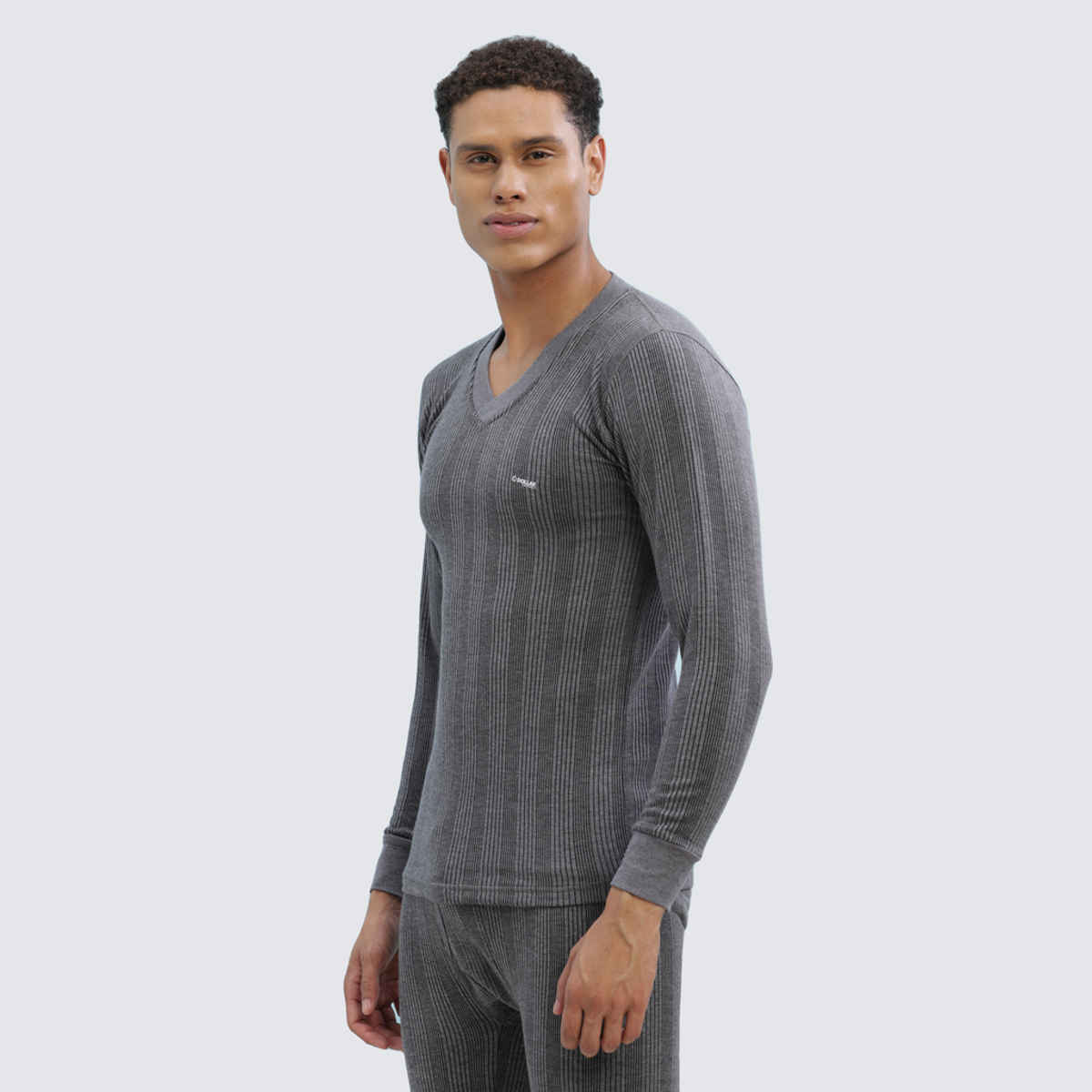 Dollar Ultra Men's Combed Cotton Thermal V-Neck Full Sleeve Top | Charcoal Melange-M