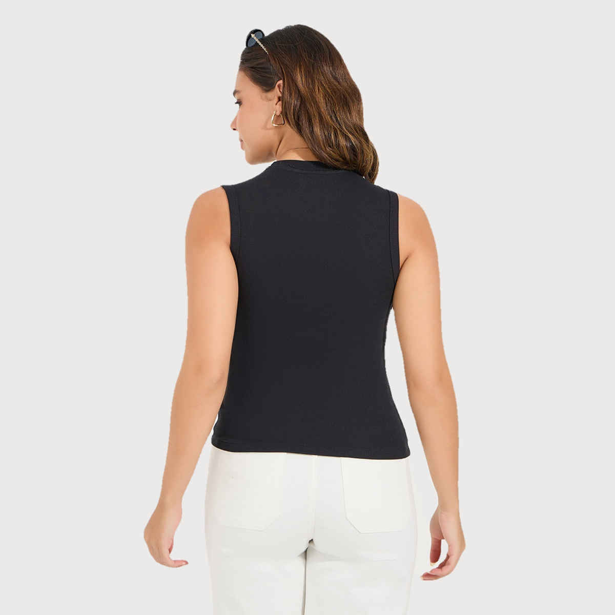 Styli Women Black Ribbed High Neck Fitted Tank Top L | 7007870301