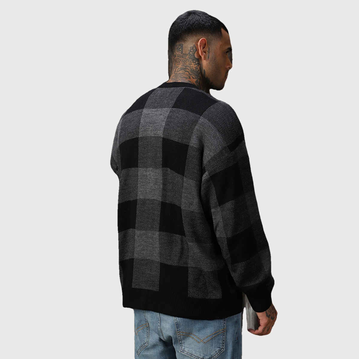 High Star Men's Checked Oversized Fit Cardigan Sweater | Grey - M