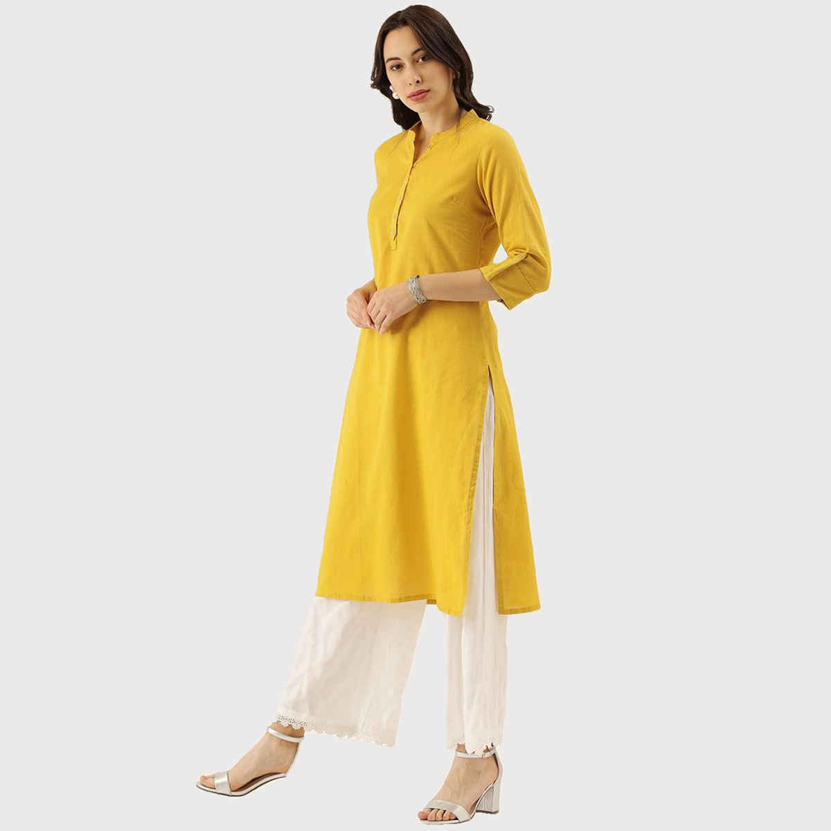 Divena women's Yellow Solid Straight Roll up Sleeve Kurti DK0565 | XL