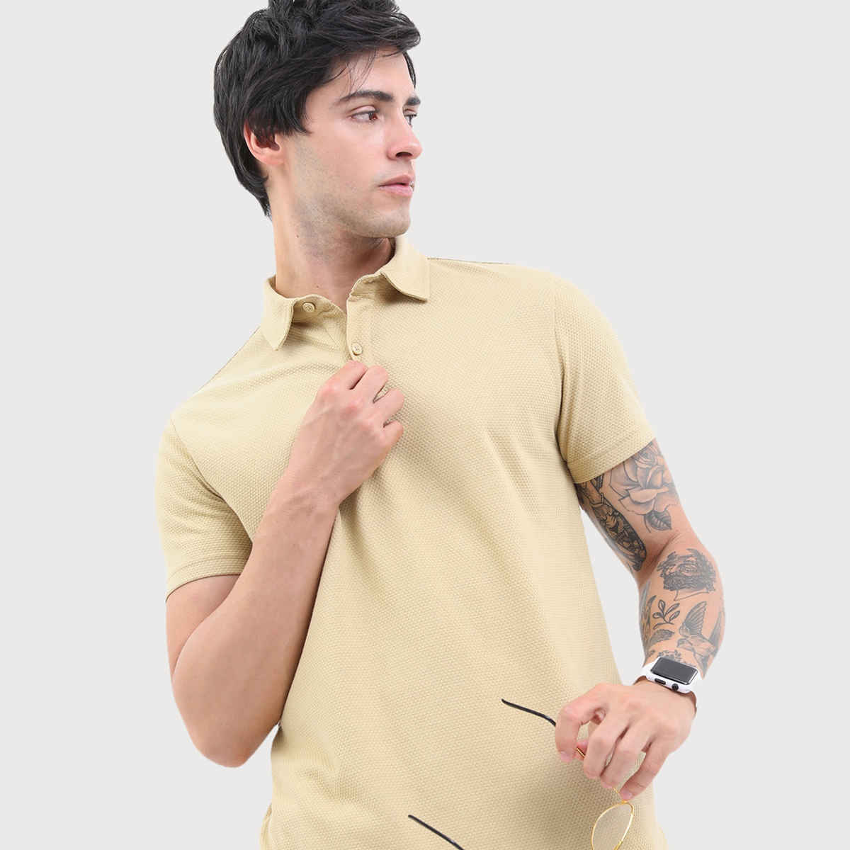 Highlander Men's Popcorn Structured Regular Fit Polo Collar T-shirt | Cream | L