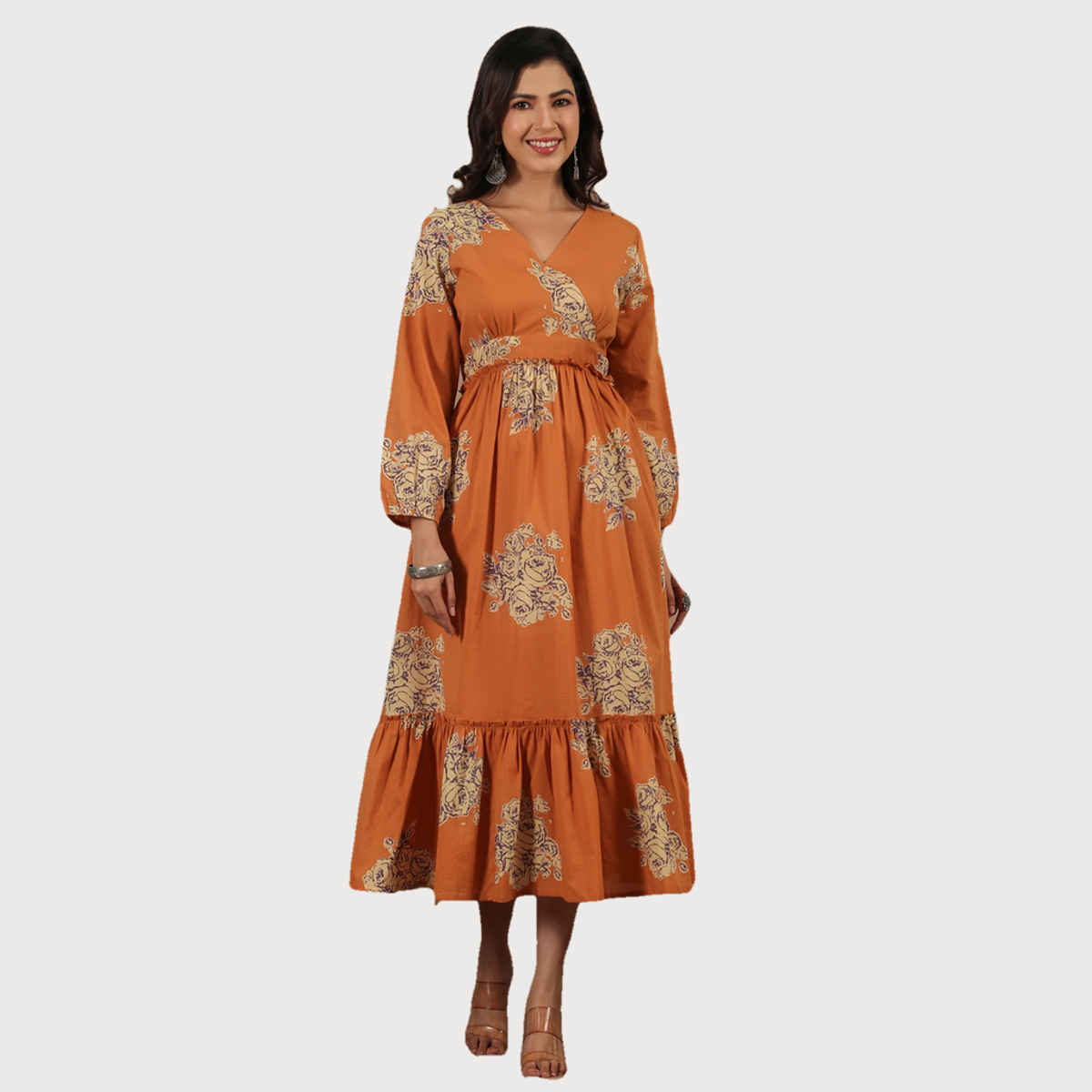Rangdeep Women s Cotton Floral Printed Fit and Flare Ethnic Dresses | Brown | L