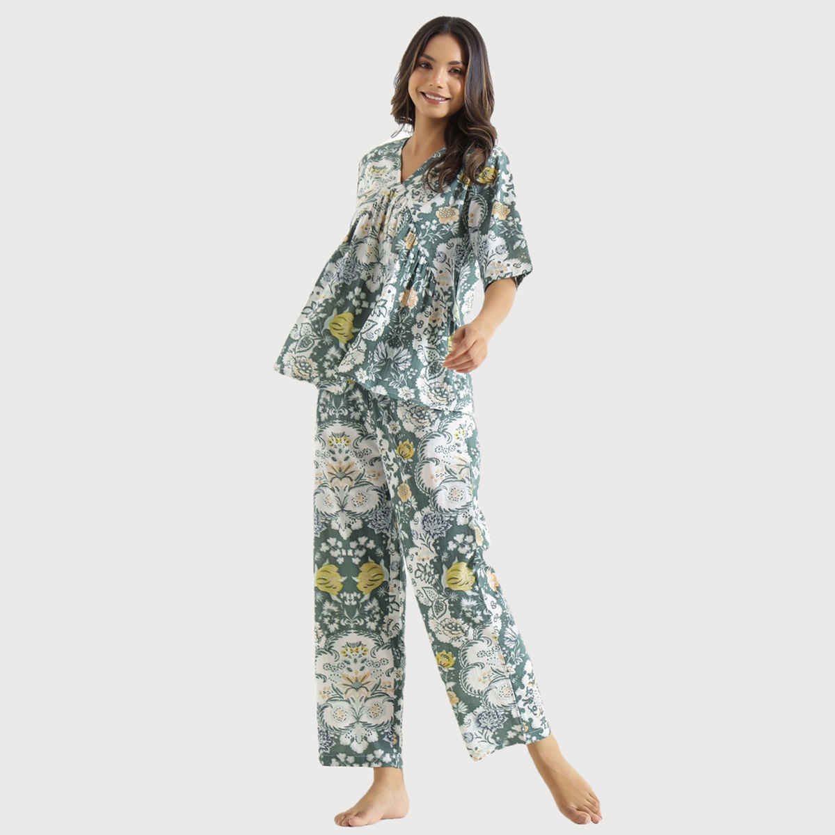 Sanskrutihomes Printed Pure Cotton Night Suit | Green - S