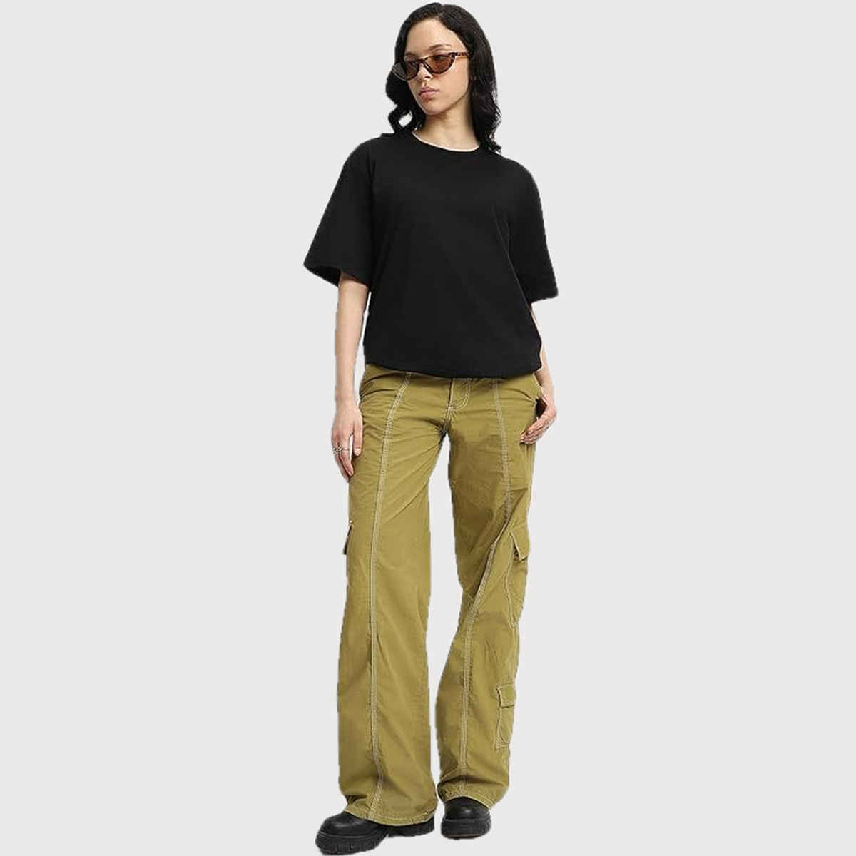 Juneberry Black Oversized Fit Round Neck T-shirt for Women - L