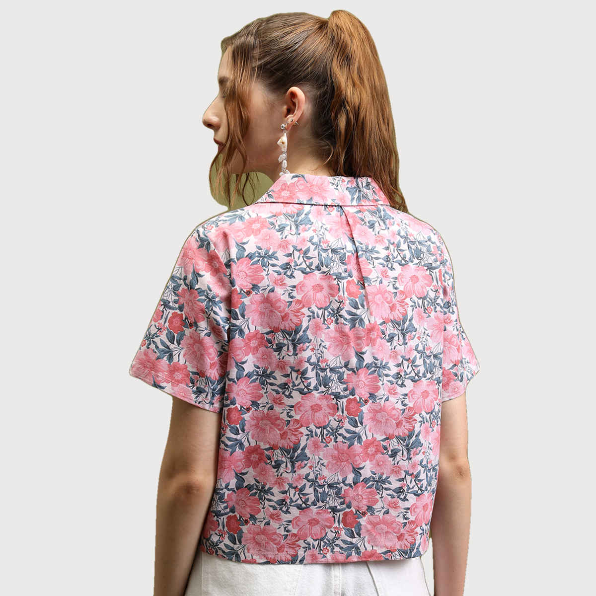 Tokyo Talkies Women's Printed Crop Shirt Top | Pink Beige Multicolour - L