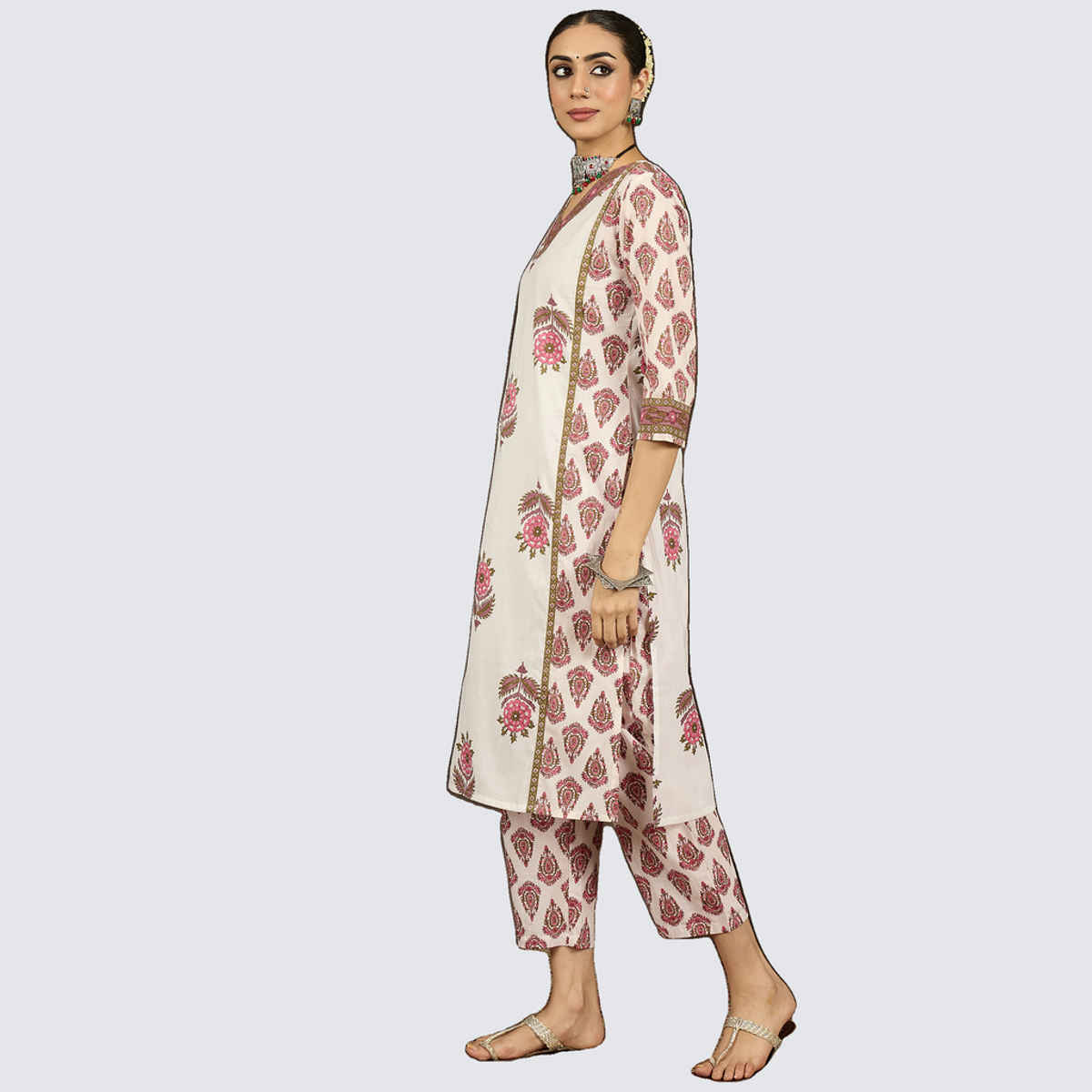 INDO ERA Women's Printed Straight Kurta Pant Set | KS0WH10771 | White - M
