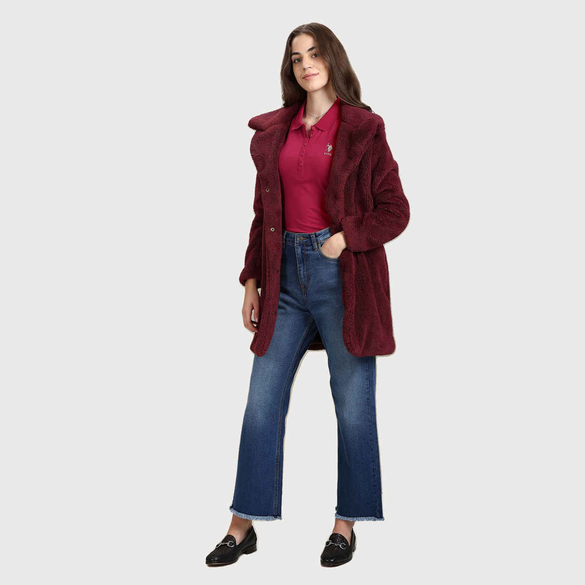 USPA Solid Slim Polo Tshirt For Women - Fuchsia - L